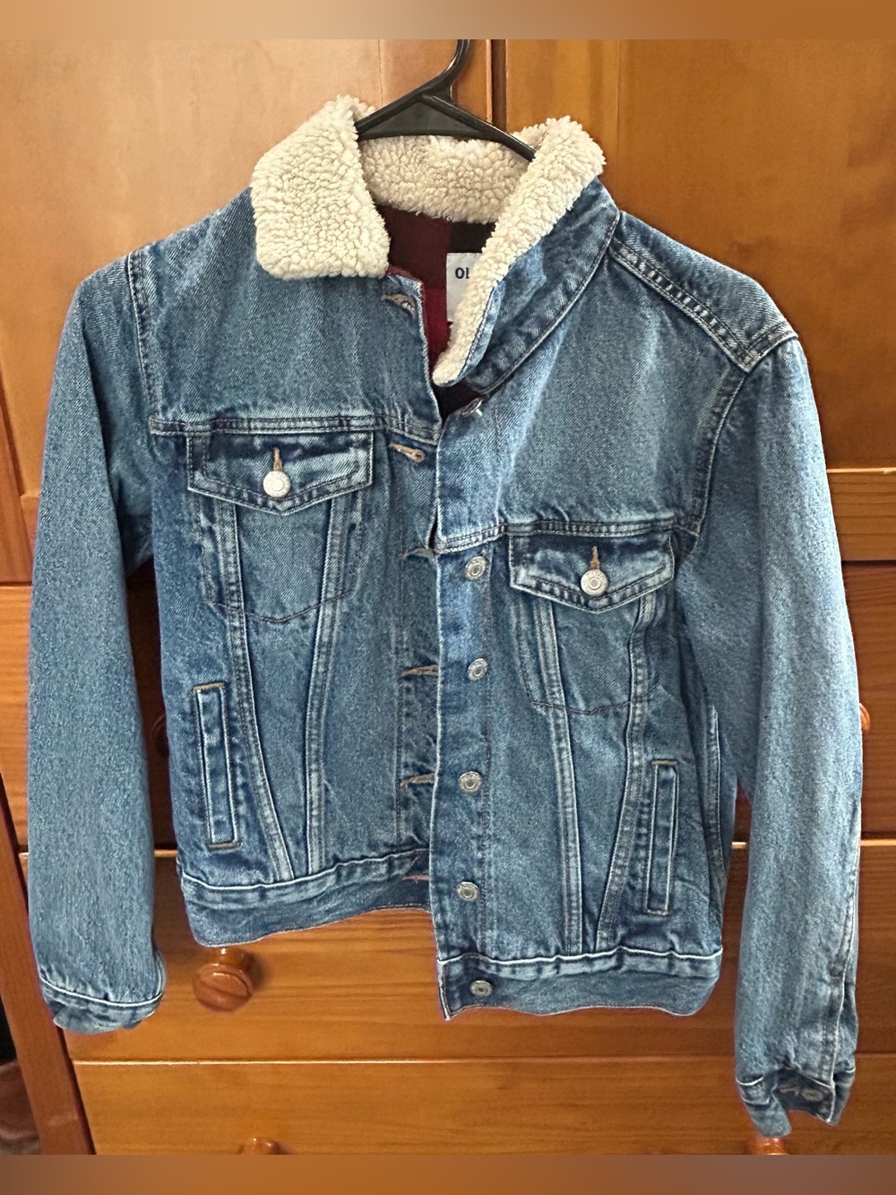 Blue Denim Sherpa-Lined Jacket with plaid inside